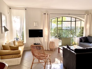 Télévision, lecteur de DVD, table de tennis de table, livres