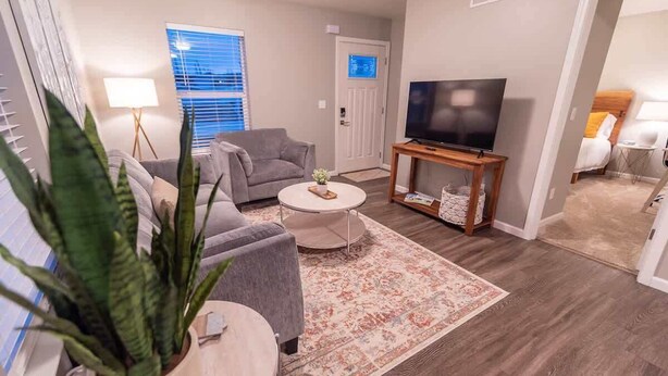 A living room with a gray sofa, a coffee table, a TV on a wooden stand, and a patterned rug. - Quiet & Private! 2BD w/ Laundry and Full Kitchen (Meadow Lakes)