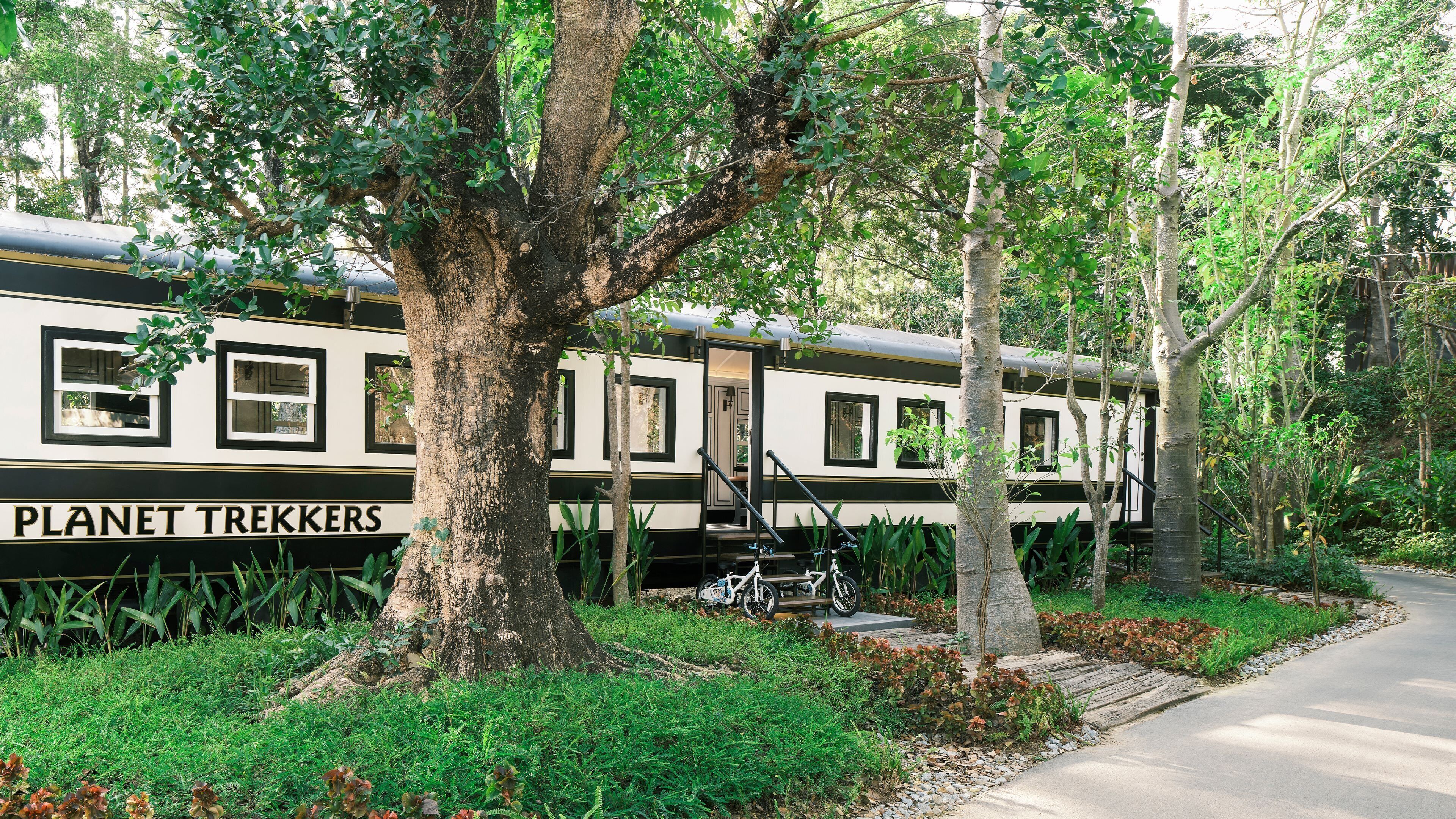A train with 'PLANET TREKKERS' written on the side, parked next to a tree-lined path.