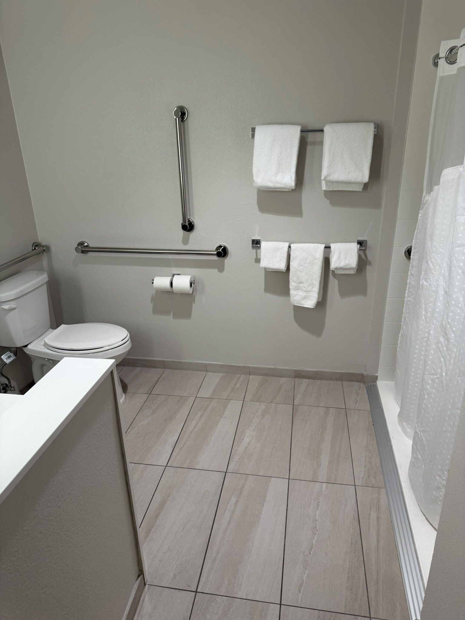 A bathroom with a toilet, a handrail, and multiple towels on a rack.