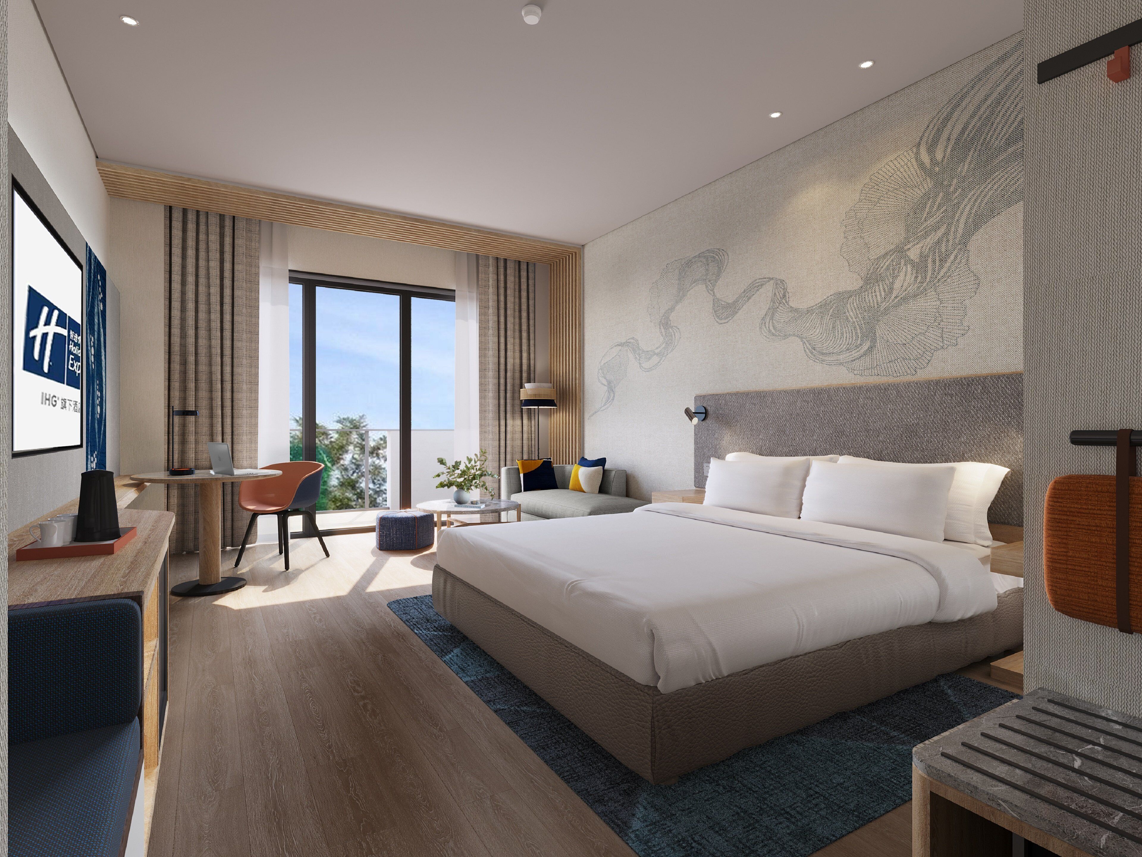Habitación de hotel moderna con una cama grande, un escritorio, una silla y vistas al exterior.