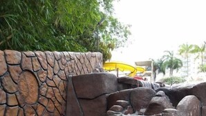 A rock waterfall feature with a stone wall and a pool at the base. - Suite Golden Dolphin Grand - EUEMCALDAS (Caldas Novas)