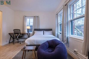 1 chambre, bureau, fer et planche à repasser, lit parapluie