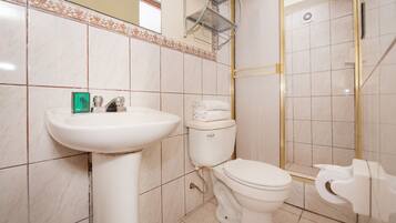Un baño con inodoro, lavabo y ducha.