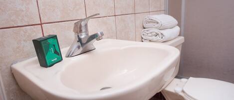 A bathroom with a sink, faucet, and a toilet. There is a rolled towel on the back of the toilet.