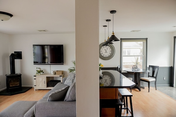 Smart TV, fireplace, foosball, books