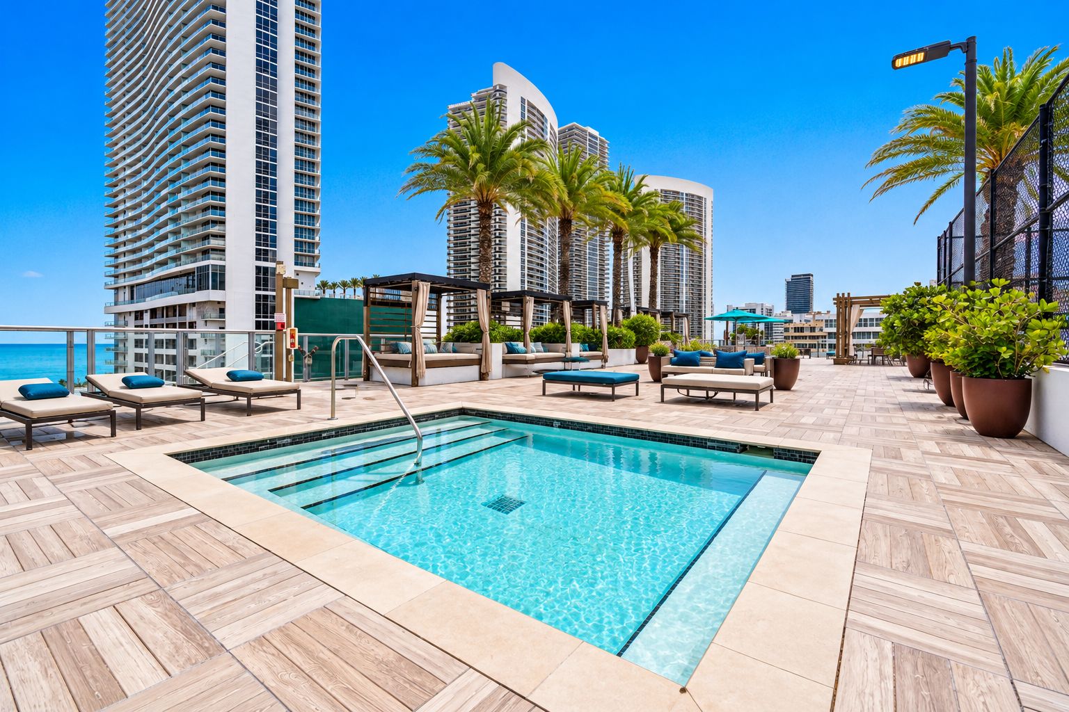 A rooftop pool area with lounge chairs and a view of tall buildings.