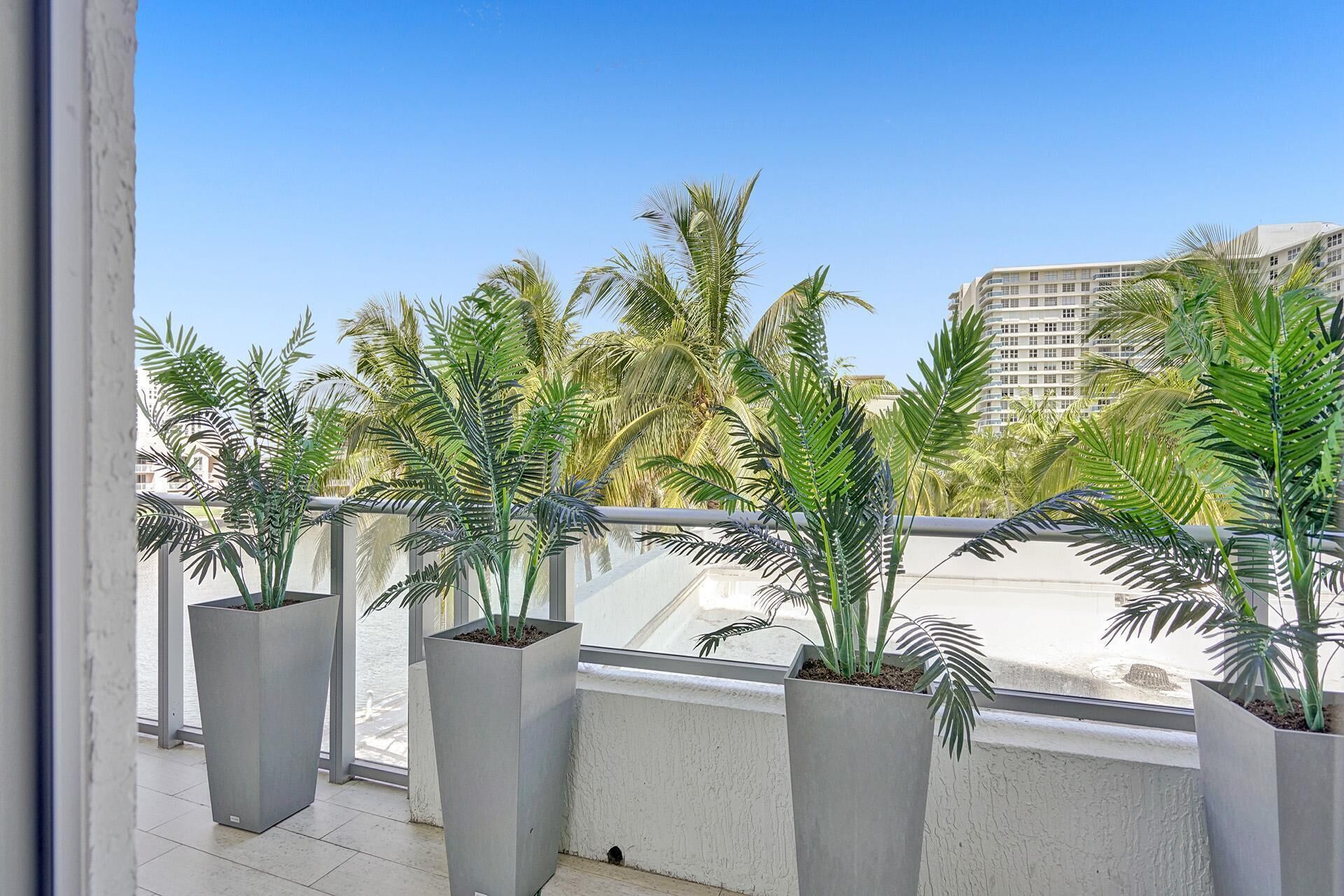 A balcony with large planters containing palm trees, a clear view of a cityscape, and a building in the background.