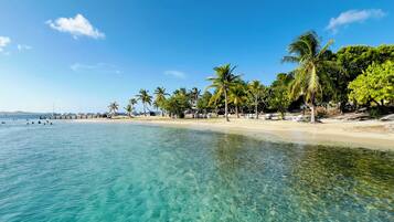 On the beach, sun-loungers, beach towels