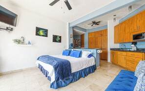 A bedroom with a bed, a ceiling fan, a TV, and a kitchen area with wooden cabinets and a microwave.