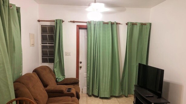 A living room with a brown sofa, a television on a stand, and green curtains.