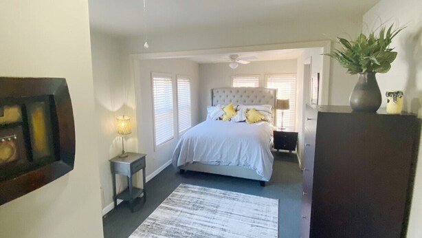 Ein Schlafzimmer mit Bett, Nachttischen, einer Lampe, einer Pflanze und einem Deckenventilator.
