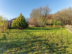 Un jardin bien entretenu, avec une pelouse, un grand arbre à feuilles persistantes et une clôture en bois.
