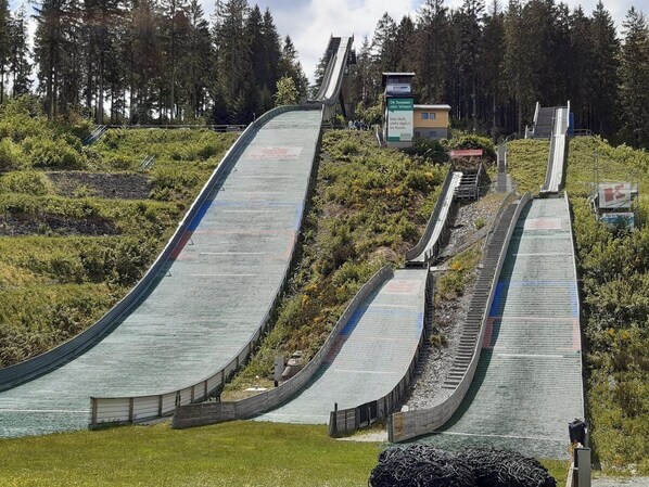 A ski slope with multiple runs, surrounded by trees and greenery.