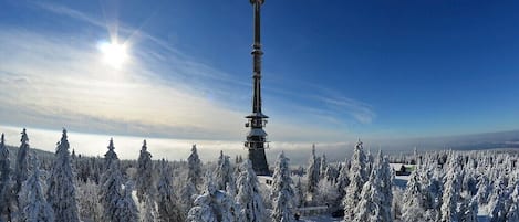 Un paysage enneigé avec une haute tour.