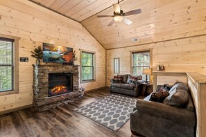 Smart TV, fireplace, video games, DVD player