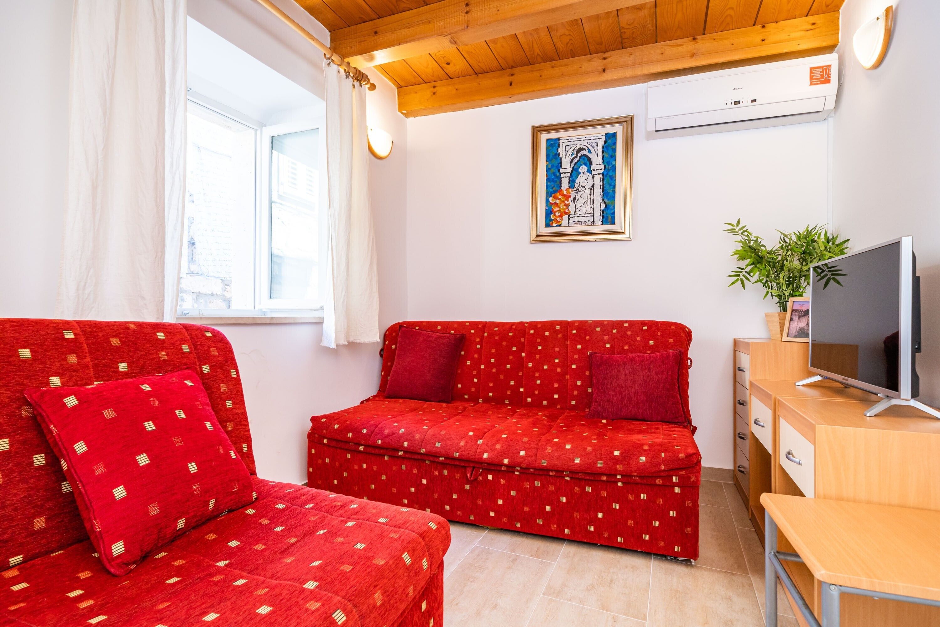 Ein gemütliches Zimmer mit einem roten Sofa, einem Fernseher und einem kleinen Tisch.