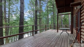 A wooden deck with a metal railing, overlooking a forested area.
