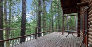 Una terraza de madera con barandilla de metal, con vista a un área boscosa.