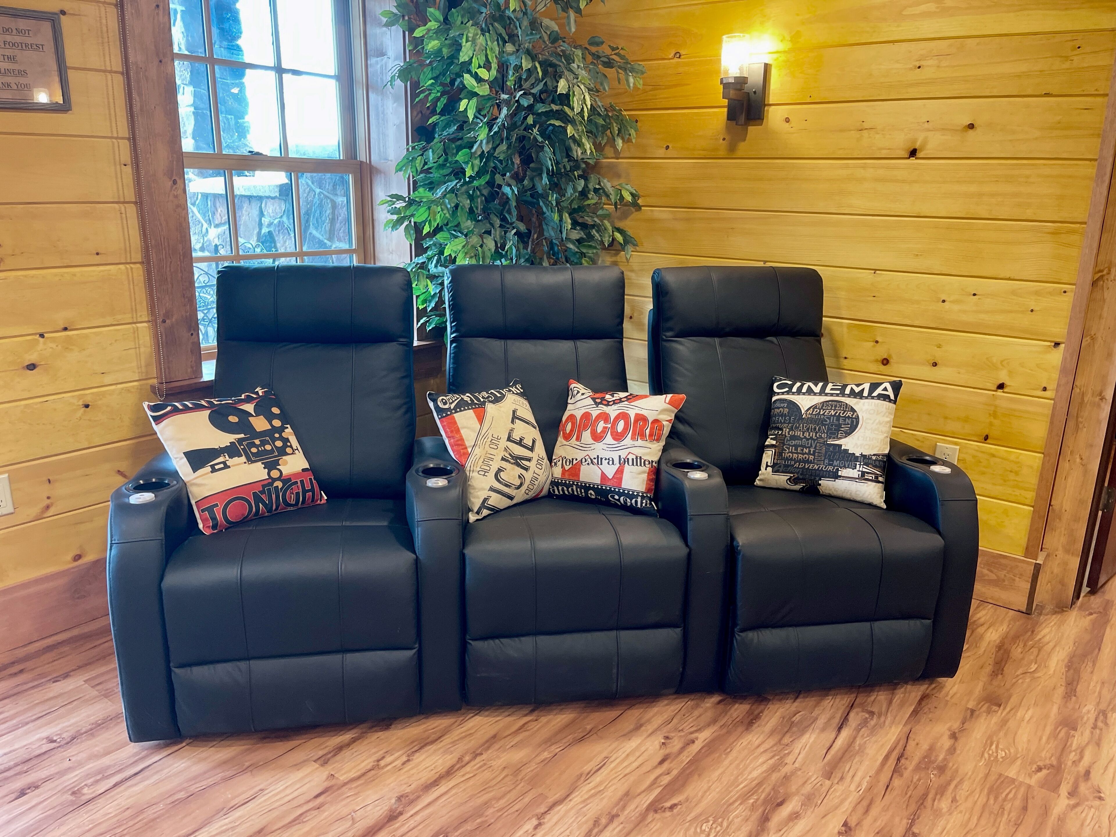 Trois fauteuils inclinables en cuir noir, ornés de coussins sur le thème du cinéma, sont placés contre un mur en bois, près d’une fenêtre et d’une plante.