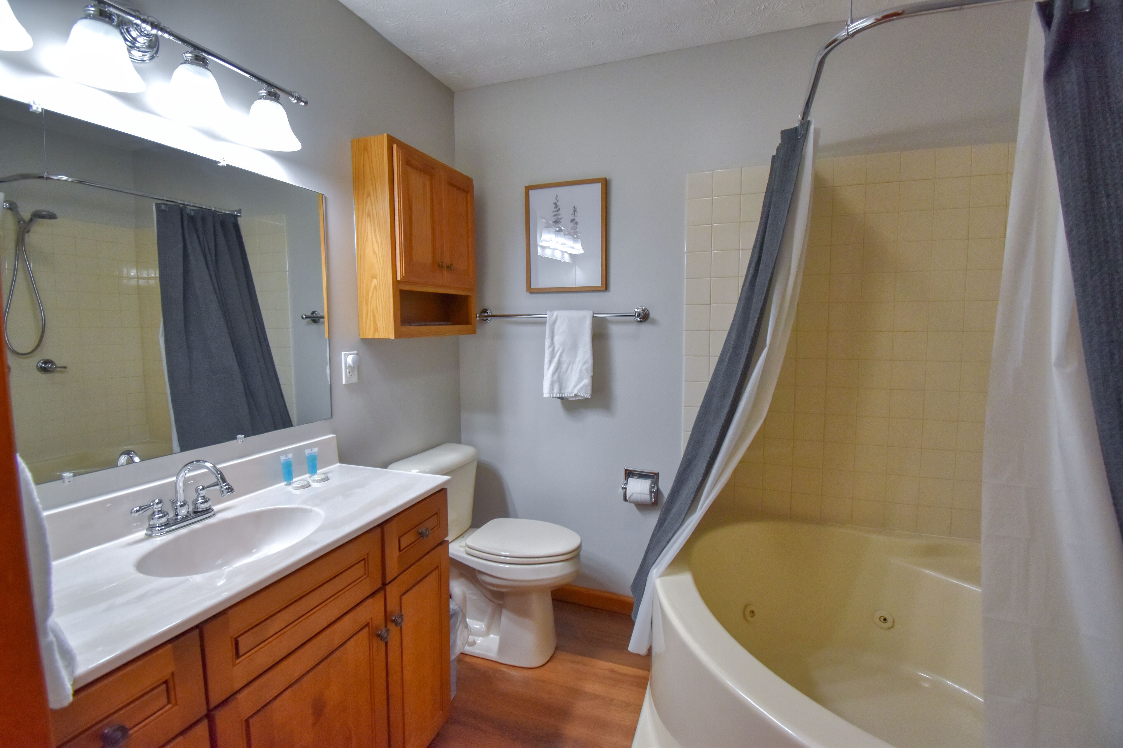 Combined shower/tub, hair dryer, towels, soap