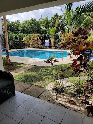 View from patio looking onto the communal pool.