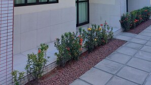 Ein modernes, zweistöckiges Gebäude mit großen Fenstern, einem Balkon und einem kleinen Garten mit Blumen.