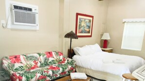 Una habitación con una cama, un sofá, una mesita, un ventilador de techo, una lámpara y un equipo de aire acondicionado.