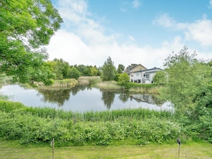 A house by a pond with surrounding greenery.