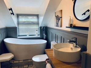 Combined shower/tub, hair dryer, towels, soap