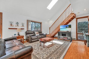 Smart TV, fireplace, DVD player, books