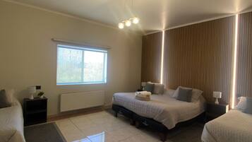 A bedroom with two beds, a window, a radiator, and a ceiling light fixture.
