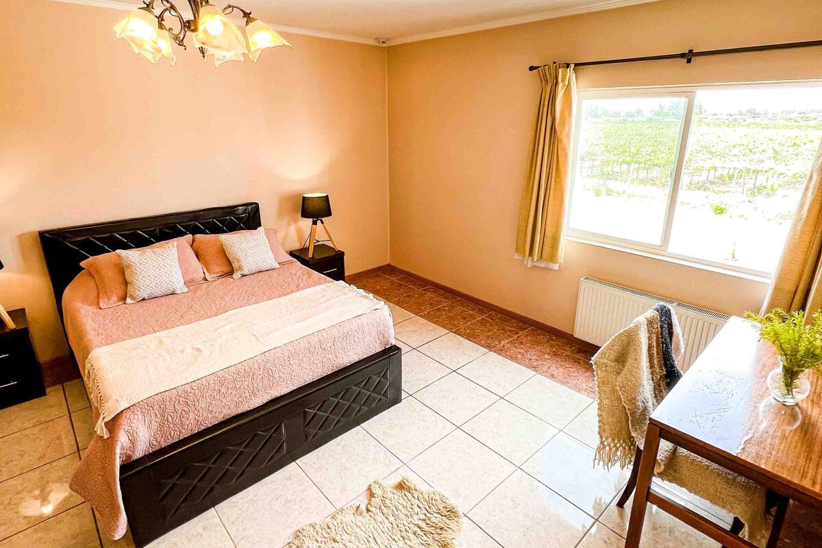 A bedroom with a bed, bedside tables, a lamp, a window with curtains, a radiator, and a wooden table with a plant.