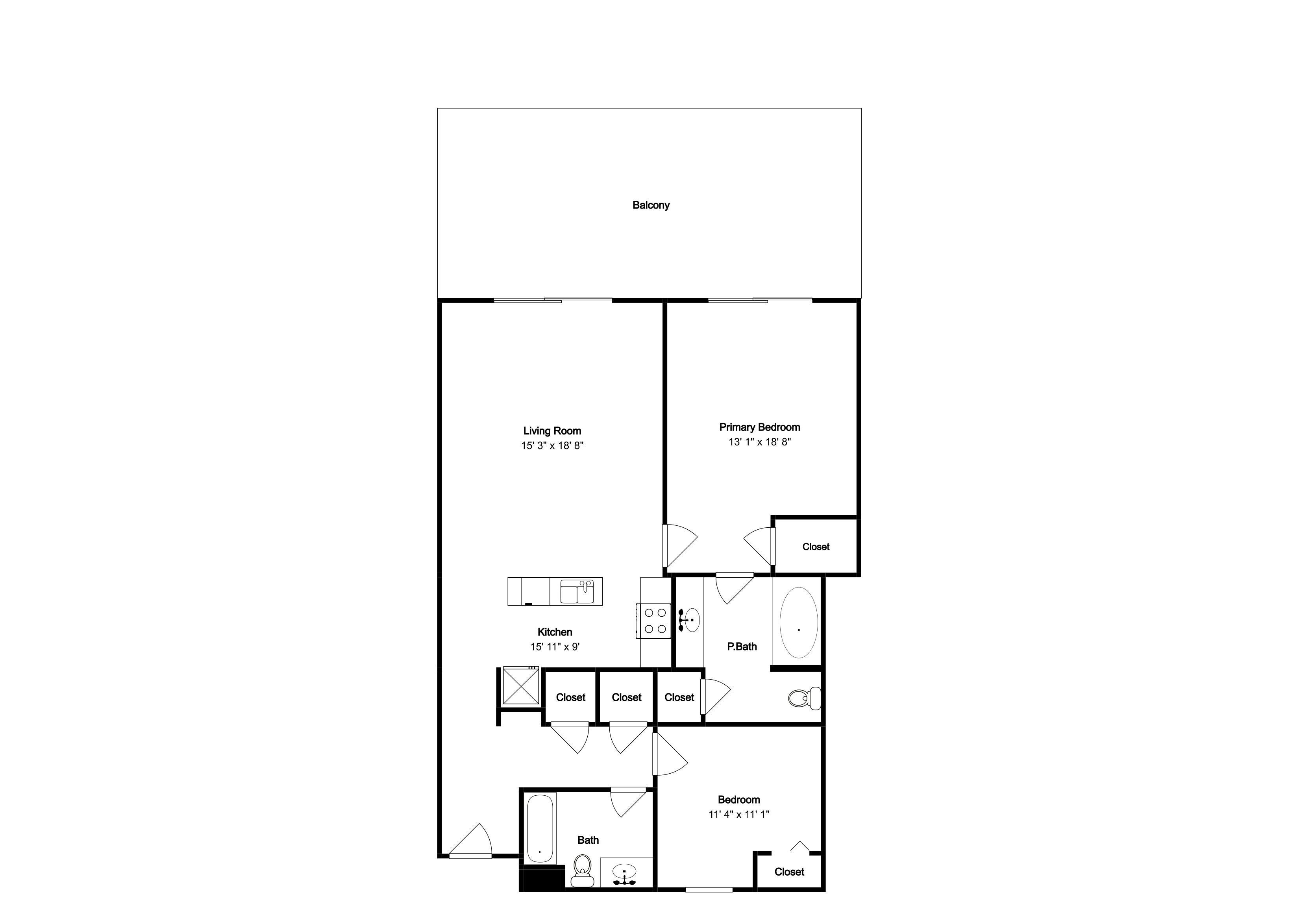 Een plattegrond van een studio-appartement met woonkamer, keuken, slaapkamer en badkamer.