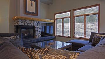 Smart TV, fireplace, DVD player, books