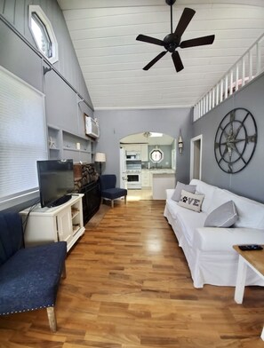 Smart TV, fireplace, books