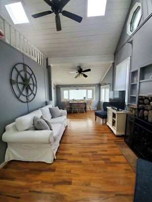 Smart TV, fireplace, books