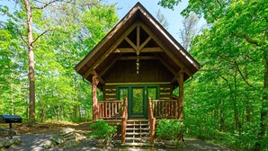 A cabin with a front porch, surrounded by a forest.