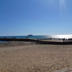 A beach with a wooden pier and a ship in the distance.