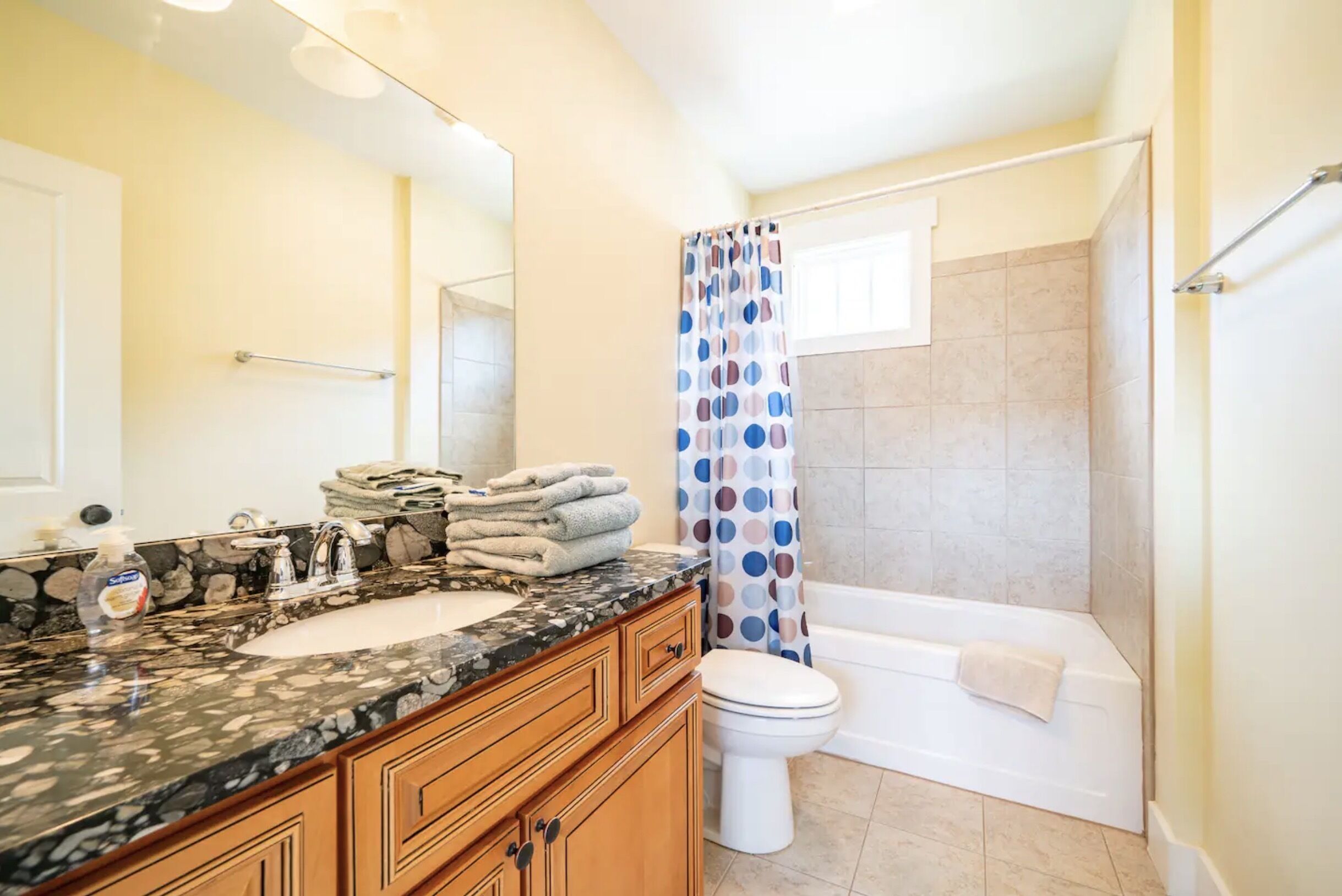 Combined shower/tub, hair dryer, towels, soap