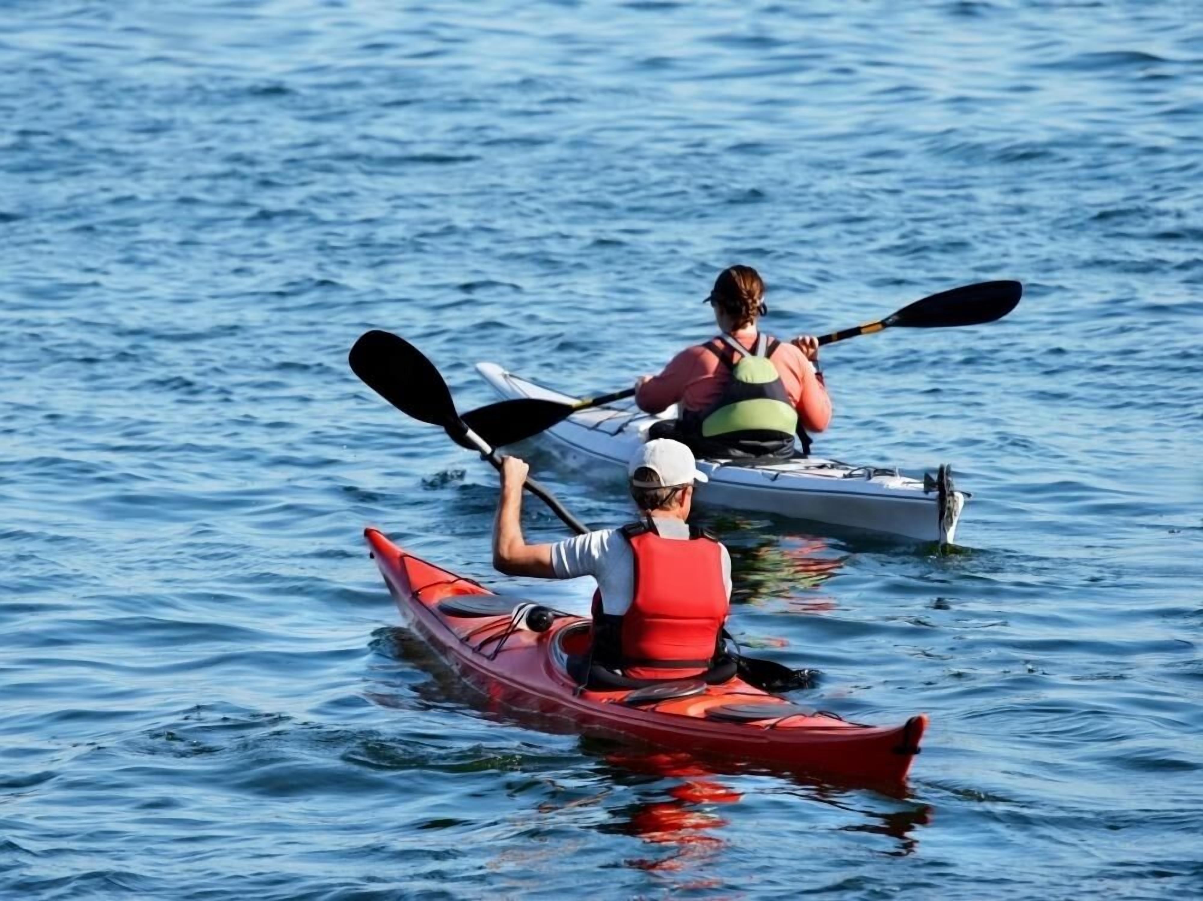 Two kayaks on calm water.