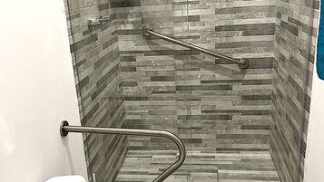 Shower, hair dryer, soap, toilet paper