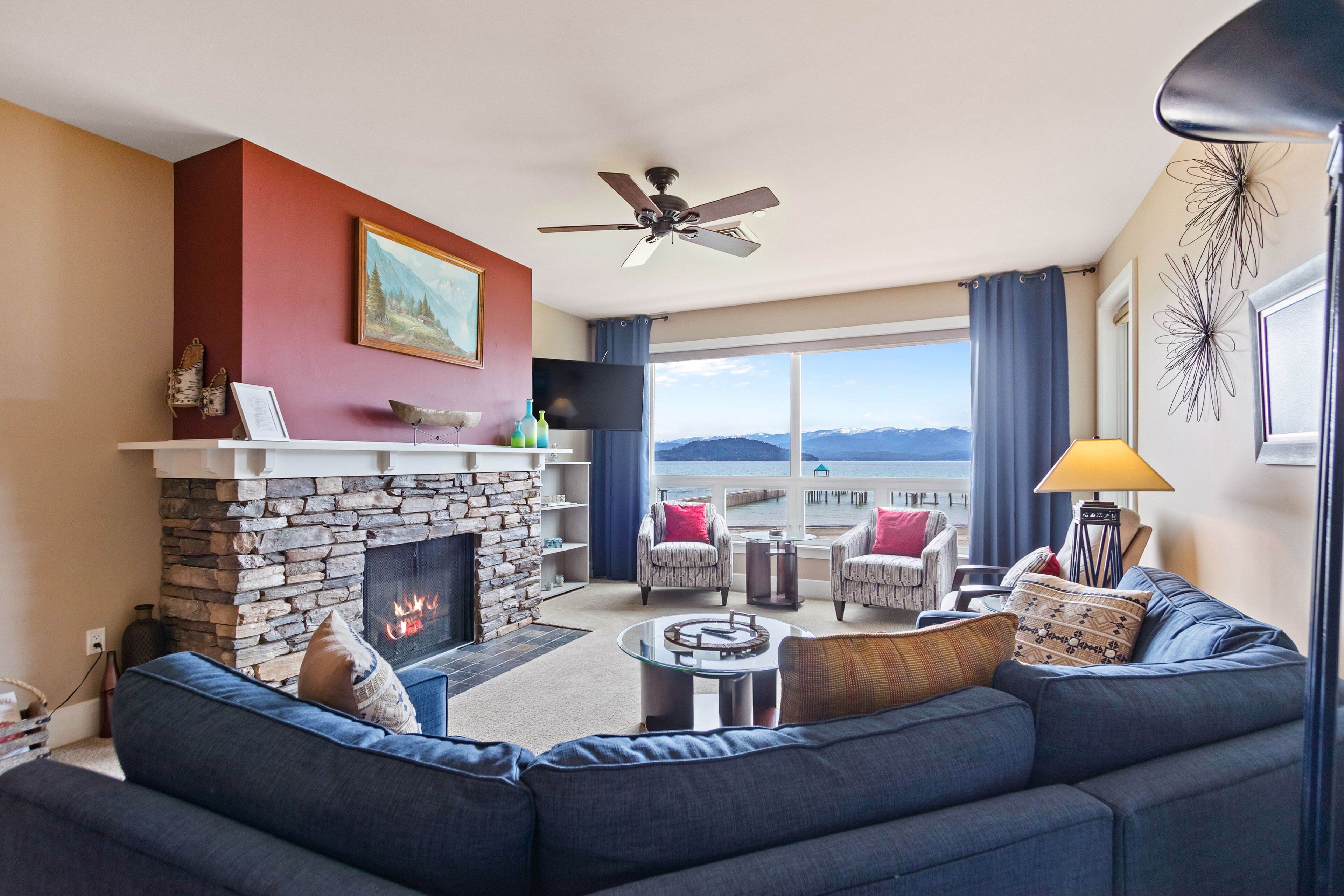 TV, fireplace, books