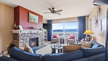 TV, fireplace, books