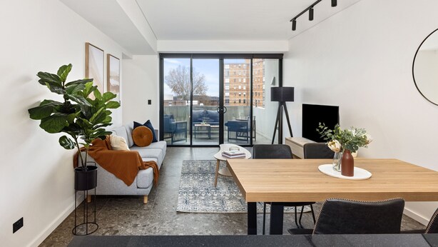 Un appartement moderne comprenant un coin repas, un canapé, une grande plante et une vue sur la ville grâce à de grandes fenêtres.