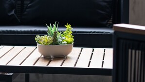 Un canapé en cuir noir avec un coussin, une table en bois sur laquelle se trouve un bol rempli de plantes vertes, et une chaise en métal noir.