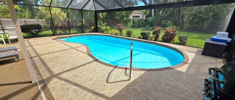 Piscina exterior coberta com um lago azul cristalino, rodeada por um jardim ajardinado e vista para uma área residencial.