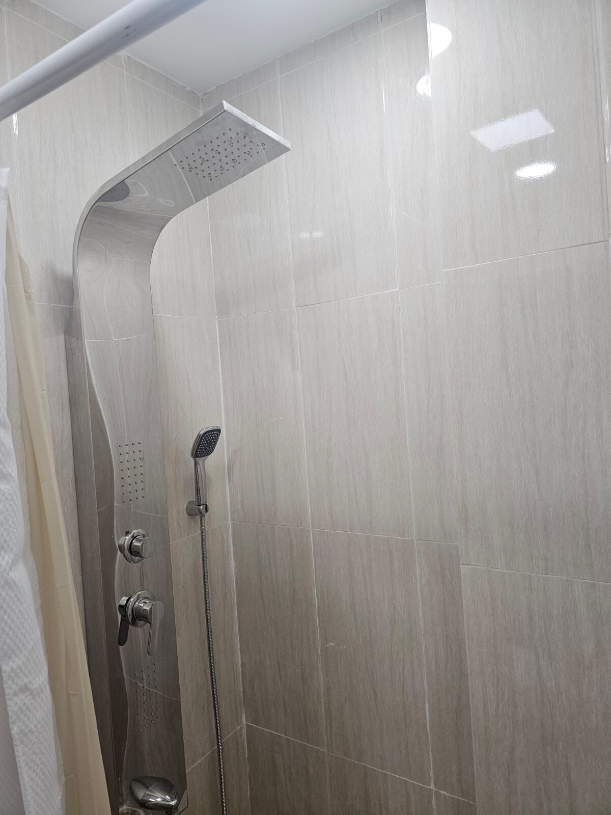 A modern shower with a curved design, a handheld showerhead, and a rain shower head.