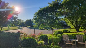 A residential driveway with a lawn, a wooden chair, and a flamingo statue. - Spacious home near Aquarium & heart of wine country Shopping & close to Hamptons (Riverhead)