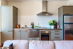 Fridge, microwave, oven, stovetop